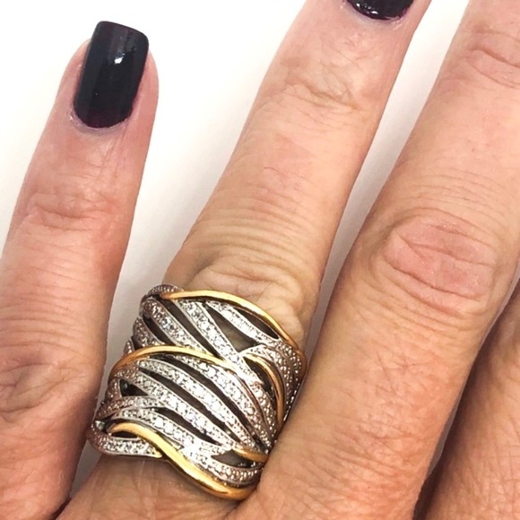 Silver Wide Band White Sapphire Gold Ring - Picture 3 of 16